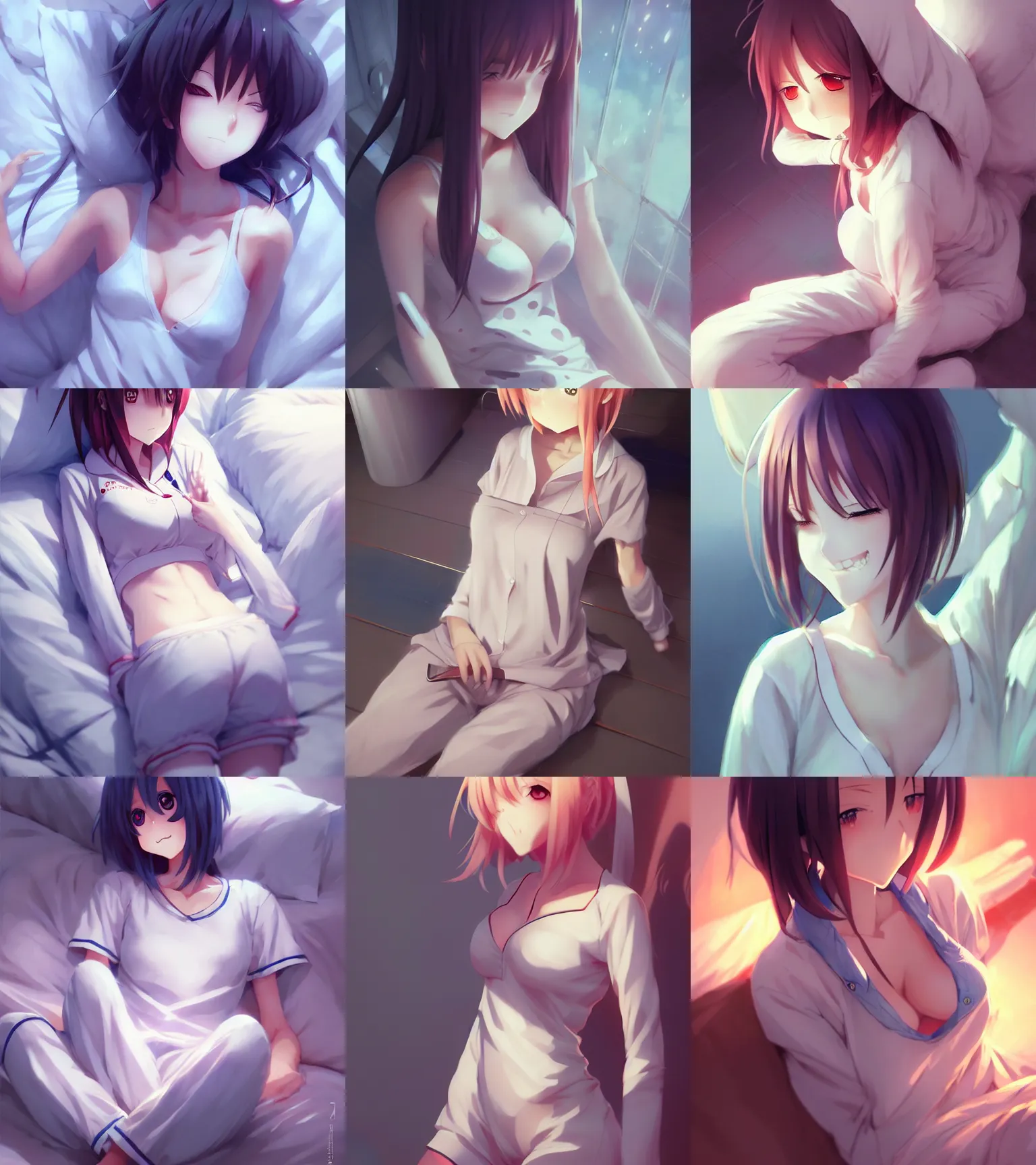 Prompt: attractive anime girl, spoon slim figure, realistic sleepwear, full body shot close up, spacious pajamas, seductive smile, details, sharp focus, illustration, by Jordan Grimmer and greg rutkowski, Trending artstation, pixiv, digital Art