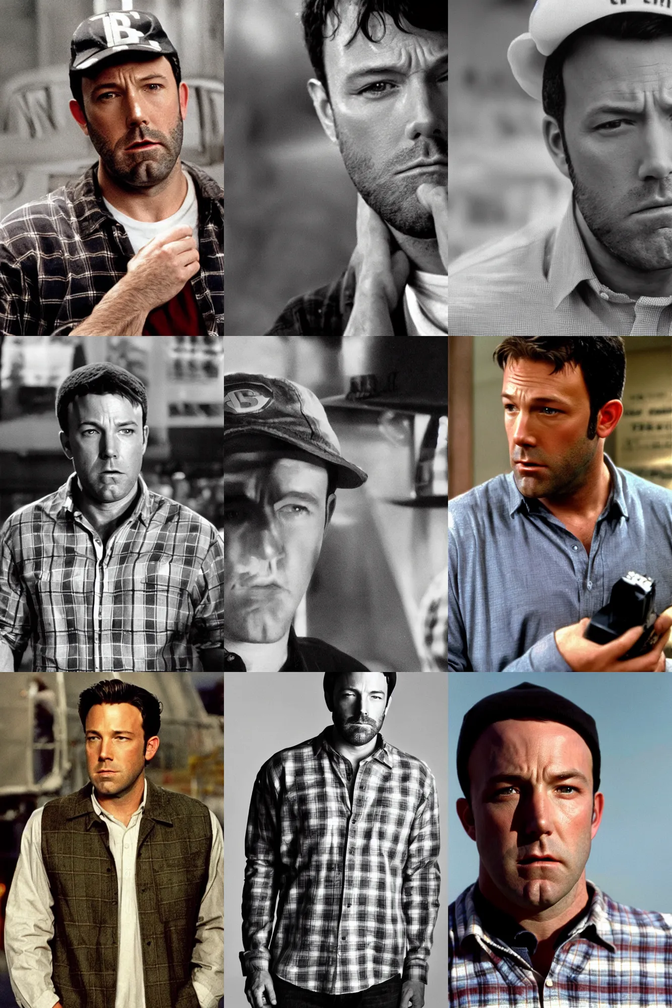 Prompt: sad ben affleck wearing checkered shirt and white cap, retro movie poster