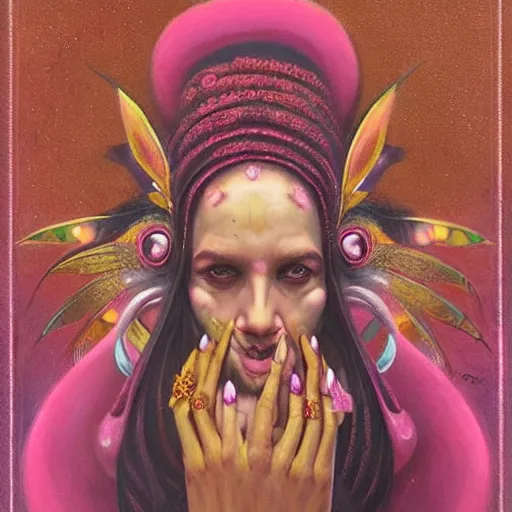 Image similar to wise old Indian guru, multiple arms, large ears, pink and gold , by Anato Finnstark, Tom Bagshaw, Brom