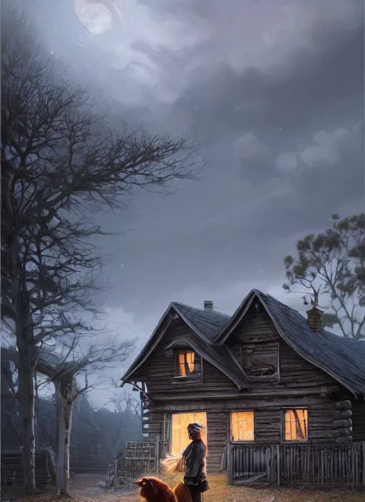 Prompt: highly detailed hyperrealistic painting of a blonde long - haired hillbilly in front of old rough house, with his fluffy black and gray australian shepherd, bonfire, stephen bliss, art by greg rutkowski, loish, rhads, ferdinand knab, makoto shinkai and lois van baarle, tom bagshaw, global illumination, artstation