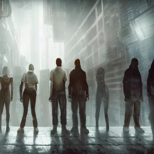 Image similar to illustration of rows of humans hanging on hooks in an ice box, rolling fog, cyberpunk, dystopian, dramatic lighting, unreal engine 5