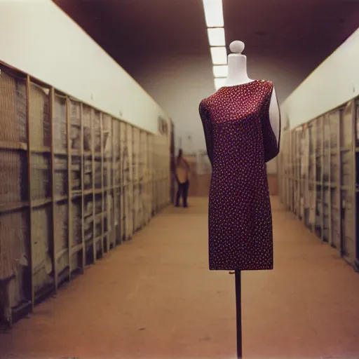 Image similar to empty retail backroom room with a lone surprised fashionable mannequin girlfriend in front of the camera cinestill 7 0's film liminal