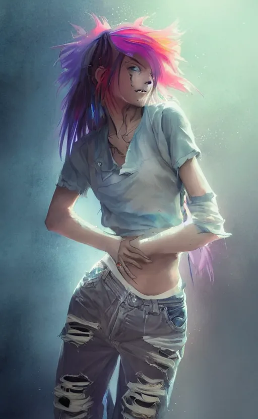 Image similar to a grungy woman with rainbow hair, drunk, soft eyes and narrow chin, dainty figure, long hair straight down, torn kawaii shirt and baggy jeans, basic white background, In style of by Jordan Grimmer and greg rutkowski, crisp lines and color,