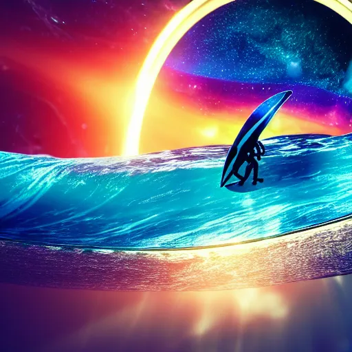 Image similar to photo of a alien surfing a surfboard on a crashing l wave of alien ocean in space, background is an alien galaxy, aliens in the background, alien colors, octane render, unreal engine, wide view, 8 k, high detaild