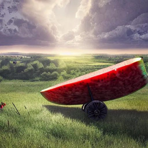 Prompt: Very very very very highly detailed Watermelon as military vehicle with epic weapons, on a battlefield in russian city as background. Less Watermelon a lot more military vehicle, Photorealistic Concept digital art in style of Caspar David Friedrich, super rendered in Octane Render, epic dimensional light