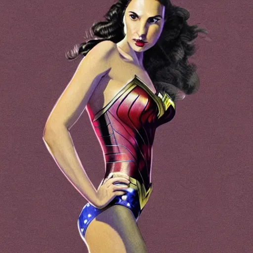 Image similar to illustration, full body portrait of gal gadot in the style of bill medcalf, retro, 1 9 5 0, 4 k, detailed