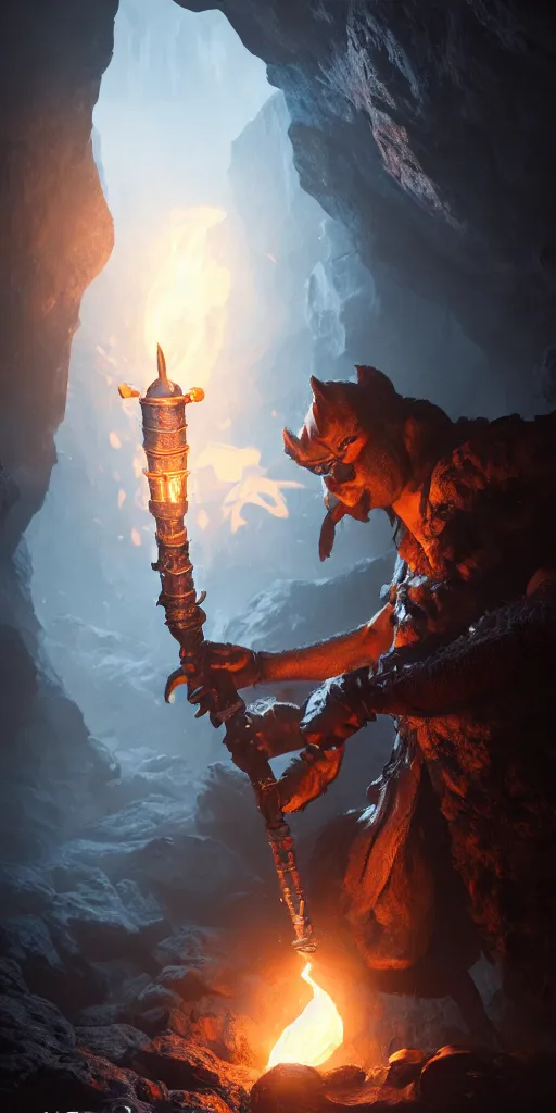 Image similar to a epic hero adventurer holding a torch in a dark cave, fantsy, concept art, artgerm, monster hunter world, 8 k realistic, radiant light, frostbite 3 engine, dof, cryengine, digital art, detailed background