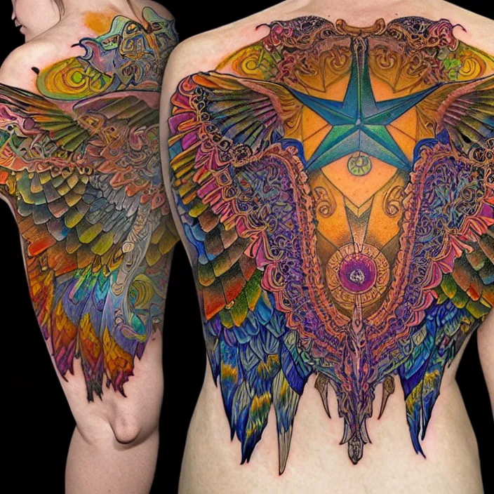 Image similar to extremely psychedelic tattoo design made of wings, LSD tattoo design, diffuse lighting, fantasy, intricate, elegant, highly detailed, lifelike, photorealistic, digital painting, artstation, illustration, concept art, smooth, sharp focus, art by John Collier and Albert Aublet and Krenz Cushart and Artem Demura and Alphonse Mucha