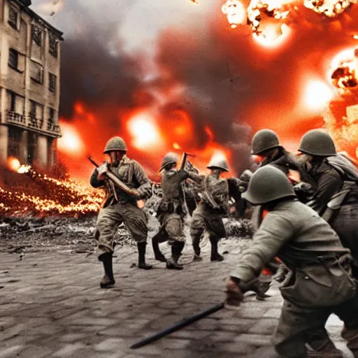 Image similar to world war 2 combat scene in city with explosions, photography style