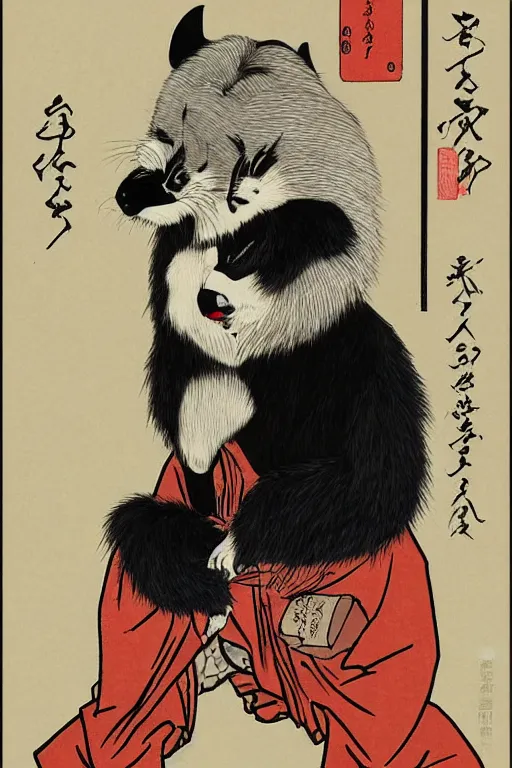 Image similar to ukiyo-e ukiyoe portrait of furry anthro anthropomorphic badger head animal person fursona wearing clothes sitting in a living room