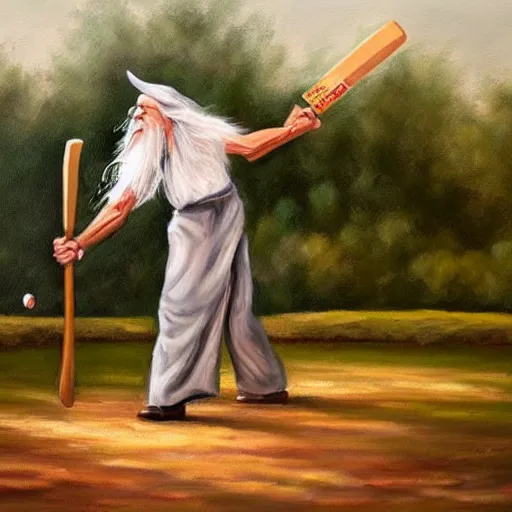 Image similar to Oil painting of Gandalf playing cricket