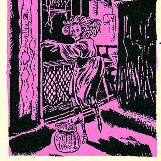 Image similar to a risograph of a witch from the 80s