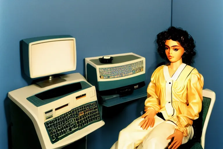 Image similar to an extremely realistic life-sized computer mainframe made of porcelain, beautiful model made of plastic sitting on a starry blue couch, from 1985, bathed in the glow of a crt television, low-light photograph, in style of Tyler Mitchell