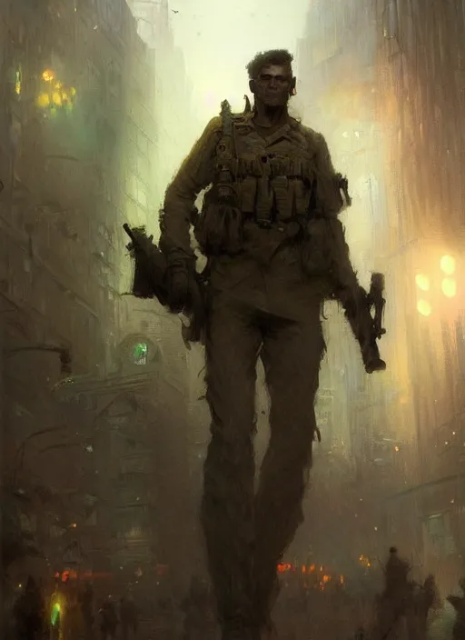 Prompt: an modern soldier in a new york subway in a zombie apocalypse art by greg rutkowski gaston bussiere fantasy soft hair trending on artstation deviantart book cover art concept art key art dramatic volumetric lighting, 4 k, award winning