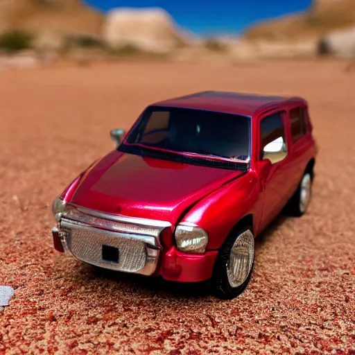 Image similar to 3 5 mm photo of metallic red aztek car like hot wheels model in area 5 1 as background