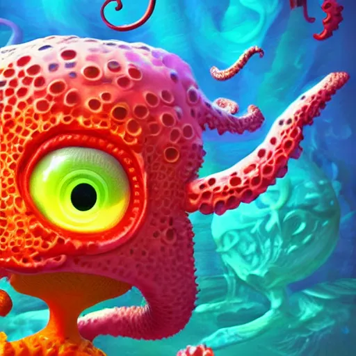 Image similar to cute cthullu render, underwater, bright colors, masterpiece