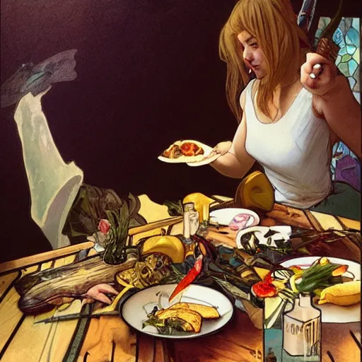 Image similar to journalist in oslo eating a trout, art by artgerm, greg rutkowski and alphonse mucha