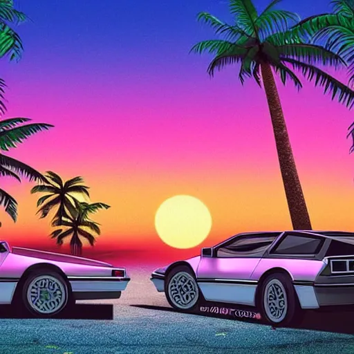 Prompt: miami beach sunset vapor wave palm trees 80s synth retrowave delorean decal car wide shot epic post apocalyptic landscape miami nuke fire craters end of the world