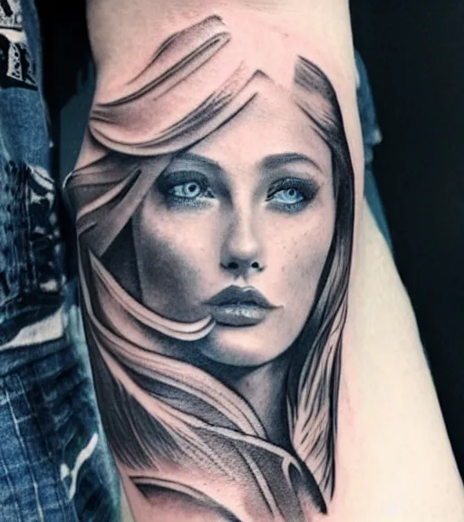 Image similar to tattoo design sketch of a beautiful blue - eyed woman face with a faded background of beautiful mountains and nature on her side, hyper - realistic, in the style of den yakovlev, amazing detail, black and white