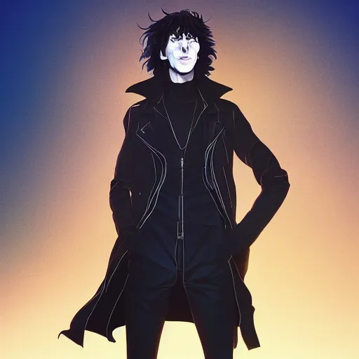 Image similar to Neil Gaiman as The Sandman, pale skin, long black leather jacket, unruly hair, ambient lighting, 4k, anime key visual, lois van baarle, ilya kuvshinov, rossdraws, artstation