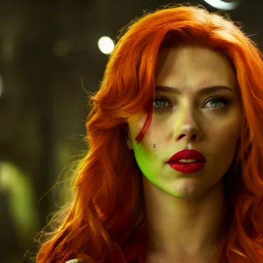 Prompt: stunning awe inspiring scarlett johansen as poison ivy, movie still 8 k hdr atmospheric lighting