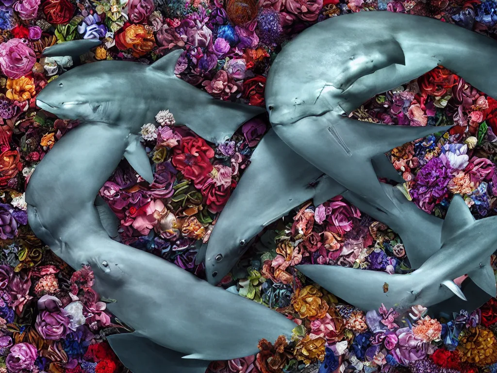 Prompt: a sculpture of ocean shark intertwined, a lovely cornucopia of flowers and human body parts, highly detailed, octane render, cinematic, shock