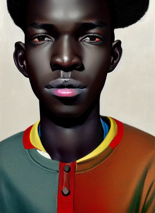 Prompt: portrait of a nigerian teen boy with a crooked nose and a confident expression, 1 9 6 0 s, black clothes, goth, punk, brightly coloured hair, funk, intricate, elegant, highly detailed, digital painting, artstation, concept art, smooth, sharp focus, illustration, art by wlop, mars ravelo and greg rutkowski