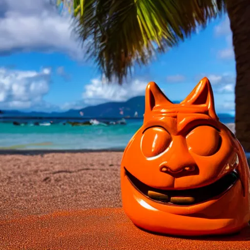 Image similar to a closeup photorealistic photograph of a glossy orange cat garfield style tiki mug sitting at a trader vic's beach bar featuring garfield's face. tiki theme. bright scene. fine detail. this 4 k hd image is trending on artstation, featured on behance, well - rendered, extra crisp, features intricate detail, epic composition and the style of unreal engine.