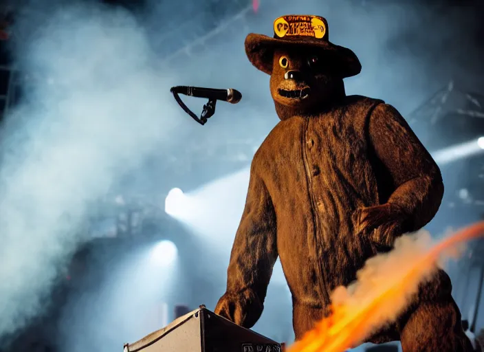 Image similar to photo still of smokey the bear on stage at vans warped tour!!!!!!!! at age 3 3 years old 3 3 years of age!!!!!!!! putting out a fire, 8 k, 8 5 mm f 1. 8, studio lighting, rim light, right side key light