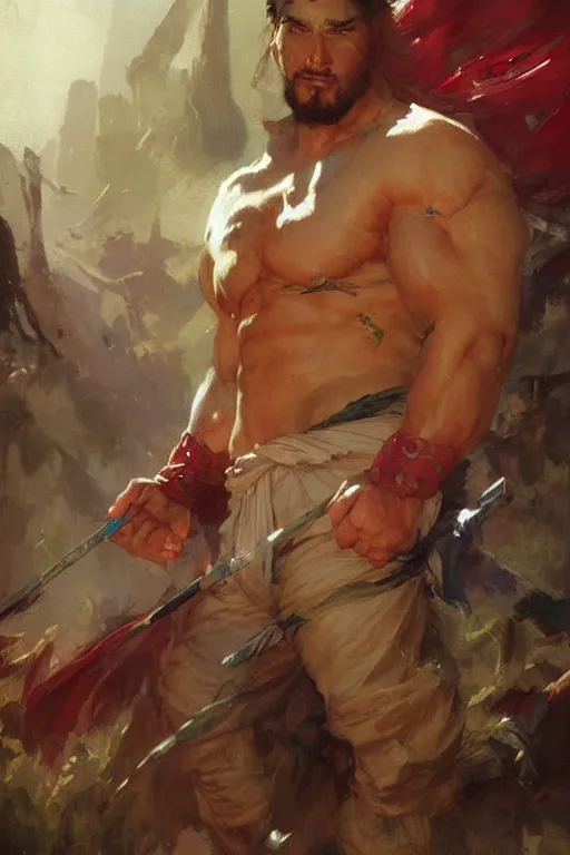 Image similar to attractive beefy man, character design, wuxia, colorful, painting by gaston bussiere, craig mullins, greg rutkowski, j. c. leyendecker