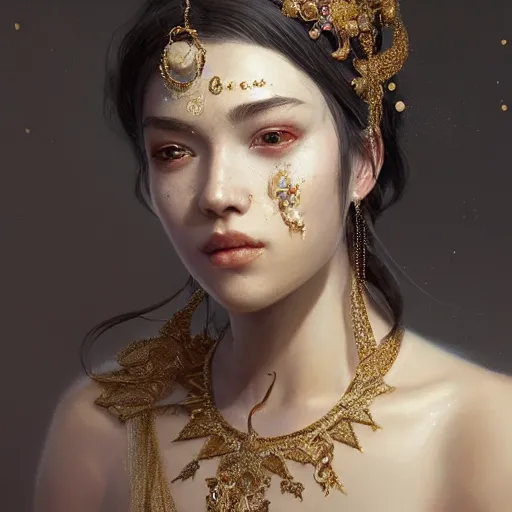 Image similar to a beautiful portrait of a pearl goddess with glittering skin, a detailed painting by greg rutkowski and raymond swanland, featured on cgsociety, fantasy art, detailed painting, artstation hd, photorealistic