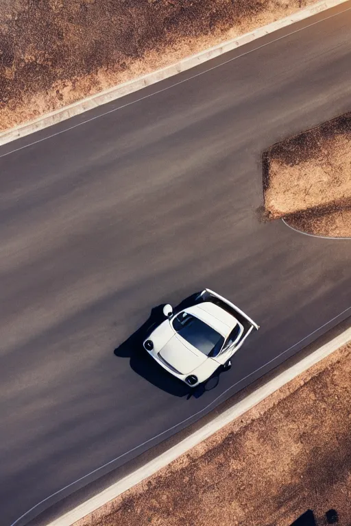 Image similar to Drone Photo of a Porsche 911 Carrera 3.2 on a wide winding road, volumetric lighting, Desert, summer, Cinematic, award winning.