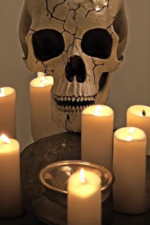 Image similar to animal skull with candles set in its eye sockets, haunting, dim lighting, atmospheric,