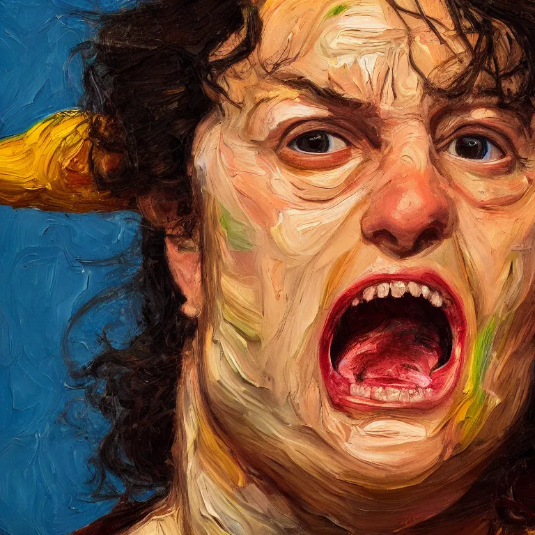 Prompt: warmly lit close up studio portrait of angry!! screaming! teenage Elaine Benes furious!, impasto oil painting thick brushstrokes by Lucian Freud and Cy Twombly and Tim Hawkinson , trending on artstation dramatic lighting Expressionism