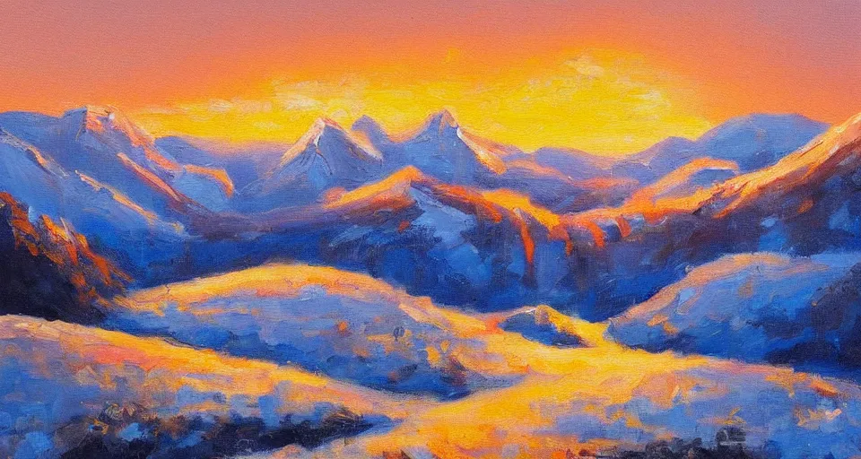 Image similar to landscape painting of snowy mountains at sunset, beautiful painting, oil on canvas, golden hour, by Ewa Czarniecka, award winning masterpiece,