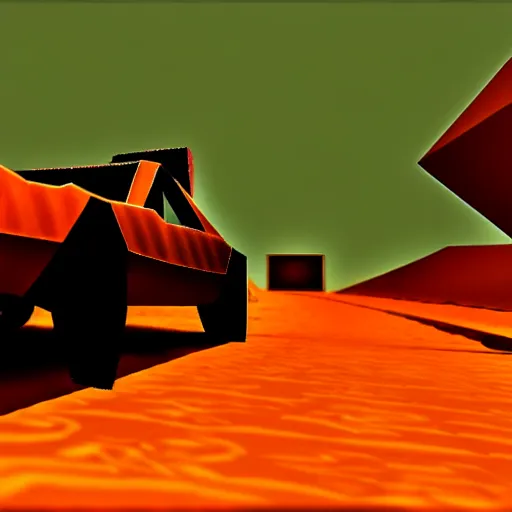 Image similar to mad max racing, nintendo 6 4 screenshot, low poly, aliased