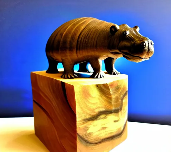 Image similar to a sculpture of hippo baby, bottom half wood!!!!! carved, top half blue translucid resin epoxy, cubic blocks, side view centered, studio