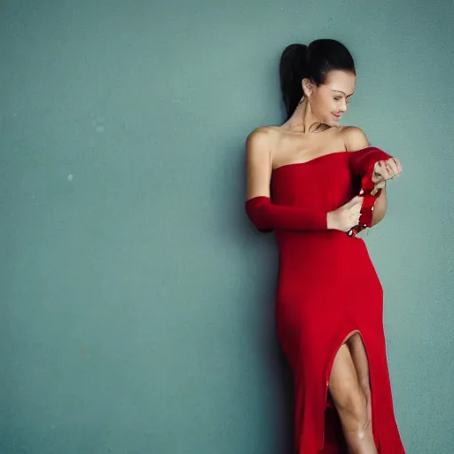 Image similar to photo of slim girl model, brunette, smiling , 20yo, wearing a red dress with high slit right, the girl is wearing high heels, high detail, studio, sharp, 85mm sigma art lens