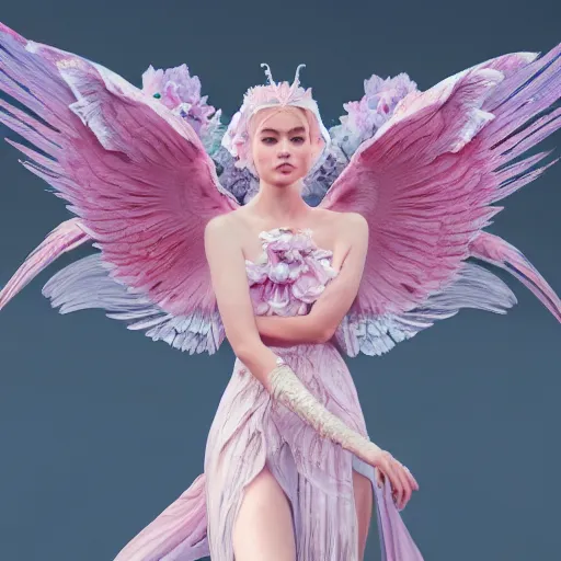 Image similar to expressive full body photo of sophia lauren as beautiful angel, smooth glowing skin, ornate headpiece made from pink flowers, glamour shot, by yoshitaka amano, by greg rutkowski, by jeremyg lipkinng, by artgerm, digital art, octane render, unreal engine, photorealistic, canon r 3, fashion photography