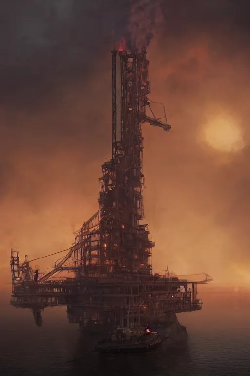 Image similar to a highly detailed matte painting of a soviet steampunk oil rig on fire in fog at night by studio ghibli, makoto shinkai, by artgerm, by wlop, by greg rutkowski, volumetric lighting, octane render, 4 k resolution, trending on artstation, masterpiece