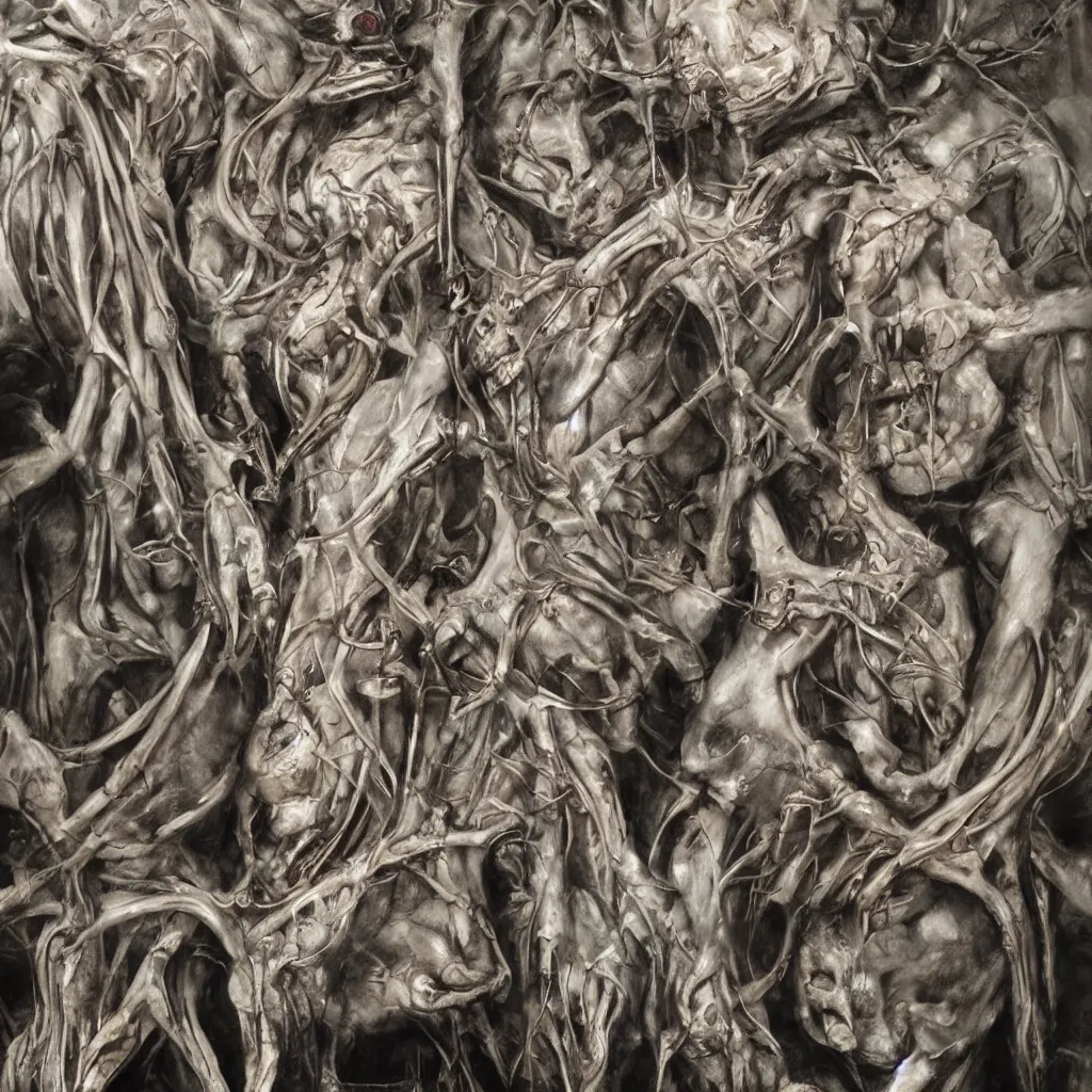 Image similar to realistic shot bloody bones, organs and flesh, biomechanical technology, natural light, by h r giger