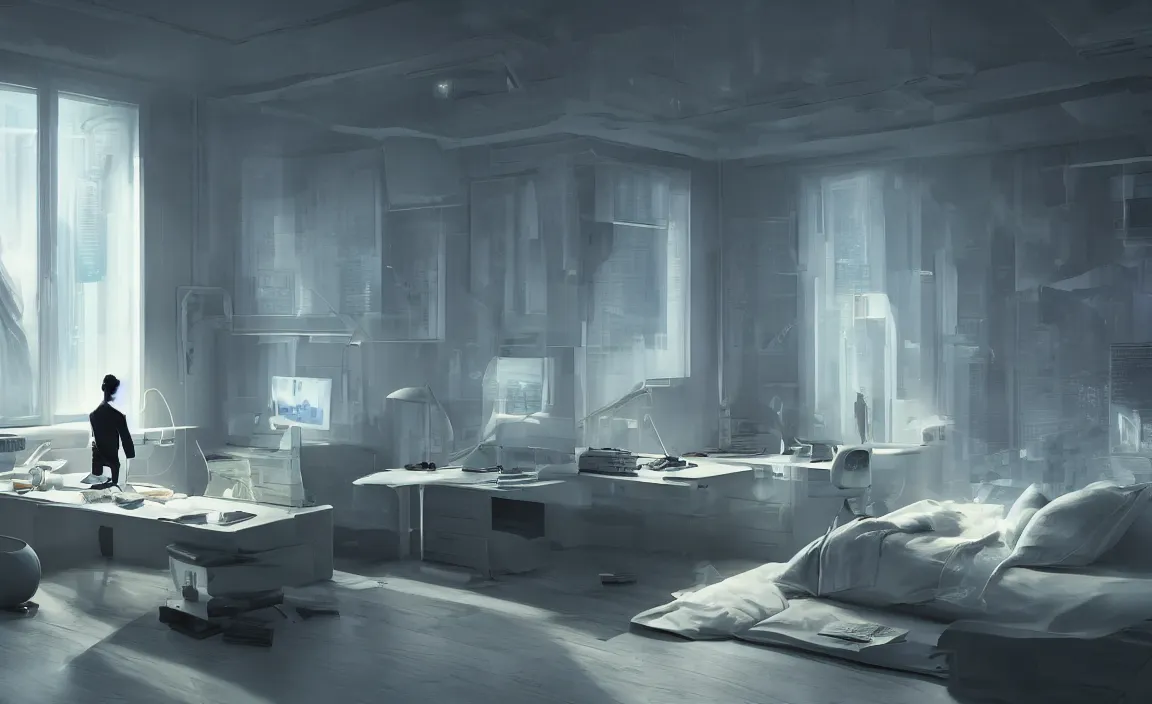 Image similar to bedroom, white bed, computer on the desk, warm lighting, floor to ceiling window, the night scene outside the window. future science fiction. game cg, hyperdetailed, trending on cgsociety