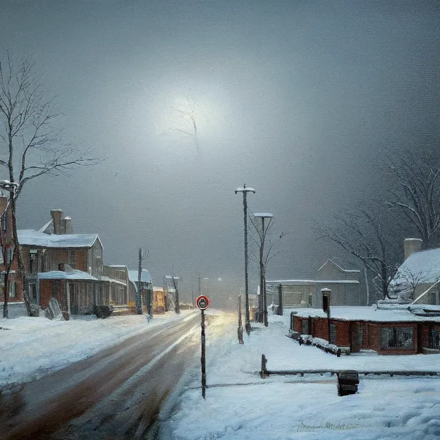 Image similar to a beautiful painting of a small new england town engulfed in a noreaster blizzard by rutkowski and rockwell, detailed, art gallery quality, cinematic lighting