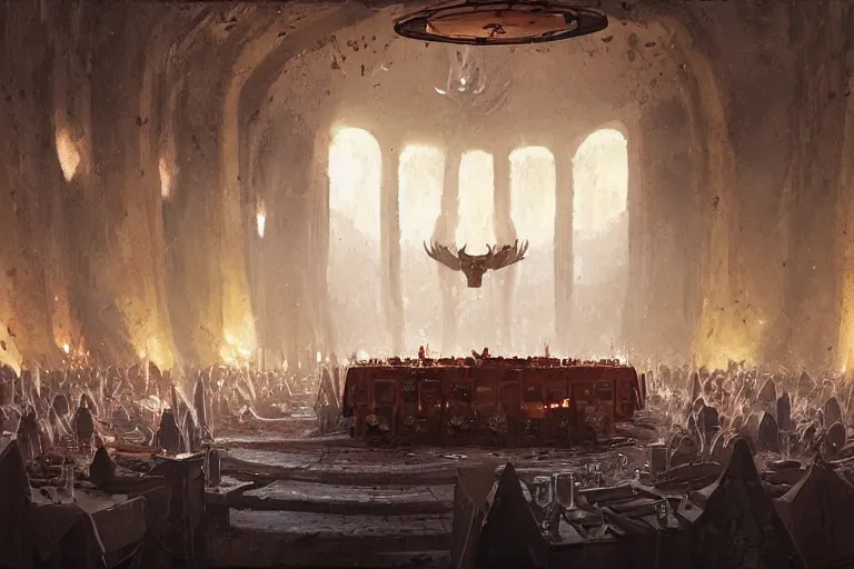 Prompt: Massive viking king\'s hall with feast table at the center, by Greg Rutkowski