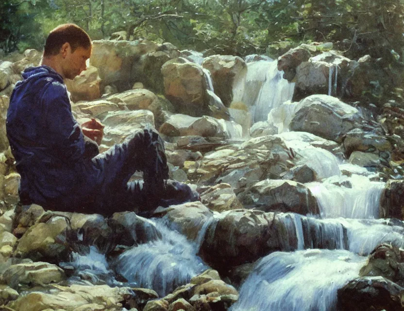 Image similar to by steve hanks, by serov valentin, by lisa yuskavage, by andrei tarkovsky, by terrence malick focused monk sits near waterfall, golden ratio, perfect symmetrical, polaroid, vintage, soft lights, foggy, oil on canvas