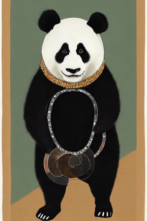 Prompt: a portrait of a biomorphic panda wearing high fashion clothes and jewelry looking at the camera