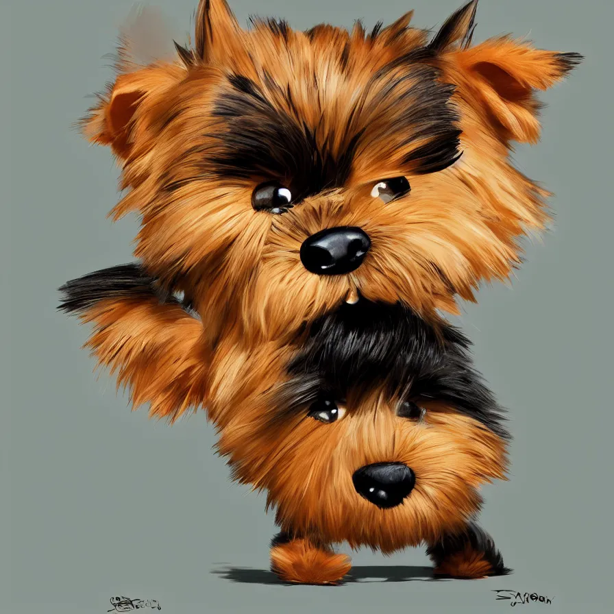 Image similar to Goro Fujita ilustration a very cute Yorkshire Terrier, with black and caramel fur on top of a plush monkey toy, painting by Goro Fujita, sharp focus, highly detailed, ArtStation