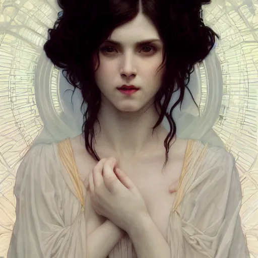 Prompt: Portrait of beautiful pale goth girl, cinematic lighting, intricate, elegant, highly detailed, digital painting, artstation, smooth, sharp focus, illustration, art by artgerm and greg rutkowski and alphonse mucha and Wayne Barlowe and william-adolphe bouguereau