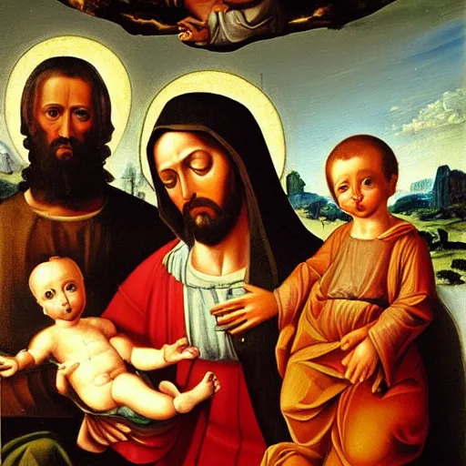 Image similar to a very detailed oil painting of the Holy Family, very detailed faces, showing Mary, Saint Joseph and Jesus, By Andrea Vaccaro