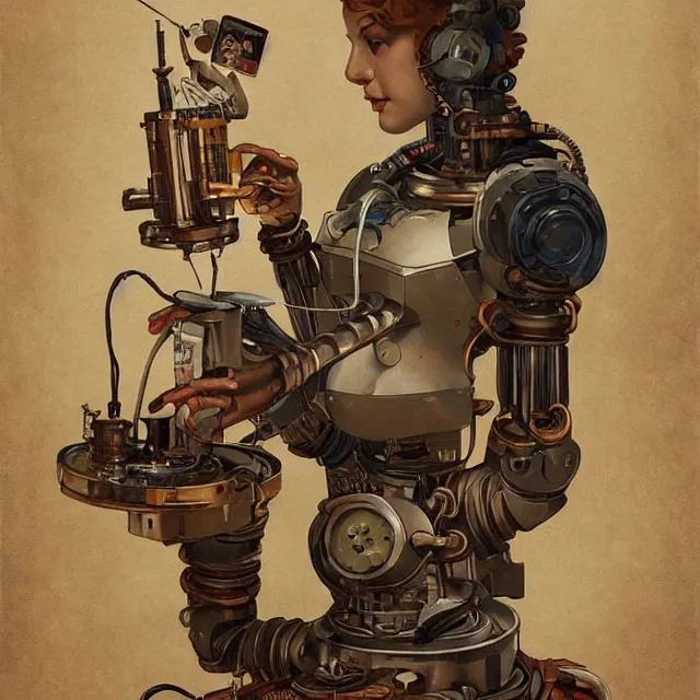 Image similar to robot artist painting a self - portrait on a canvas. intricate, highly detailed, digital matte painting, in the style of alexandros pyromallis, and in the style of sachin teng, and in the style of hans thoma, and in the style of gil elvgren. irony, recursion, inspiration, steampunk.